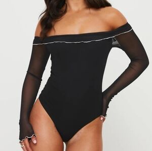NWOT Princess Polly Arsema Off Shoulder Mesh Bodysuit, Sheer Long Sleeves, Sz 2.